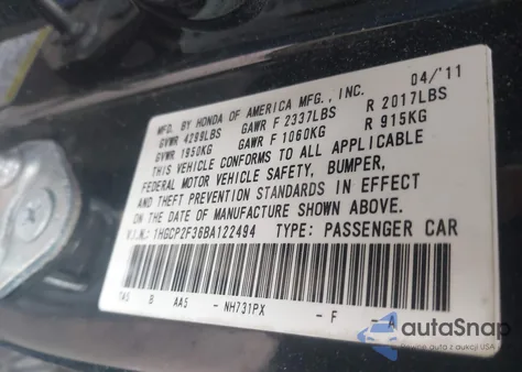 2011 Honda Accord 2.4 Lx from USA, damaged, VIN 1HGCP2F36BA122494